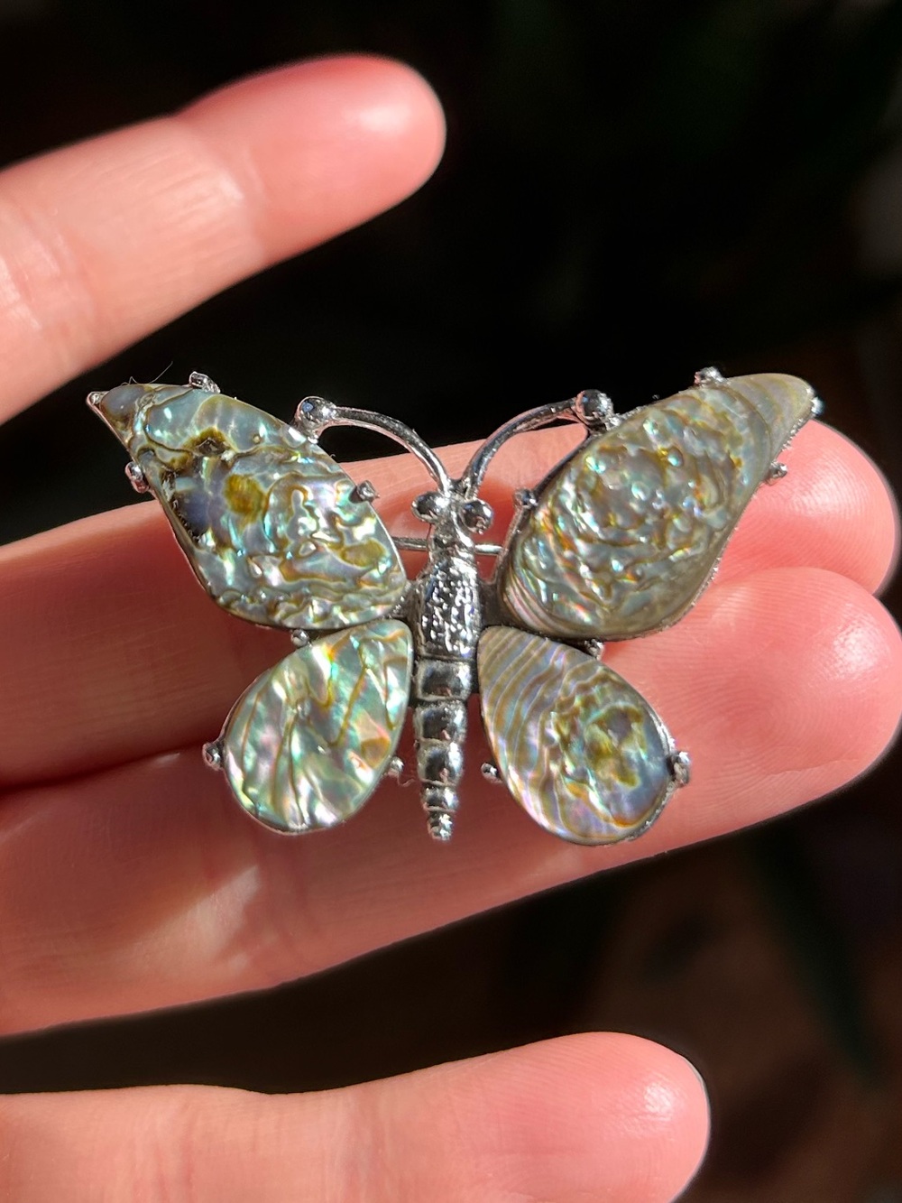 Butterfly Abalone Shell Brooch Pin - Silver Tone